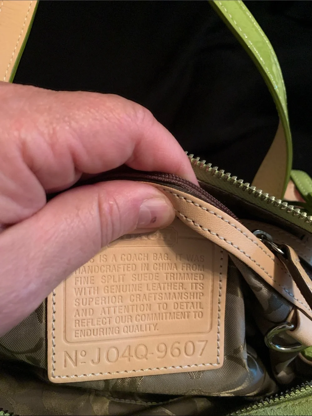 Coach Green Suede Tote with Beige Lined Handles